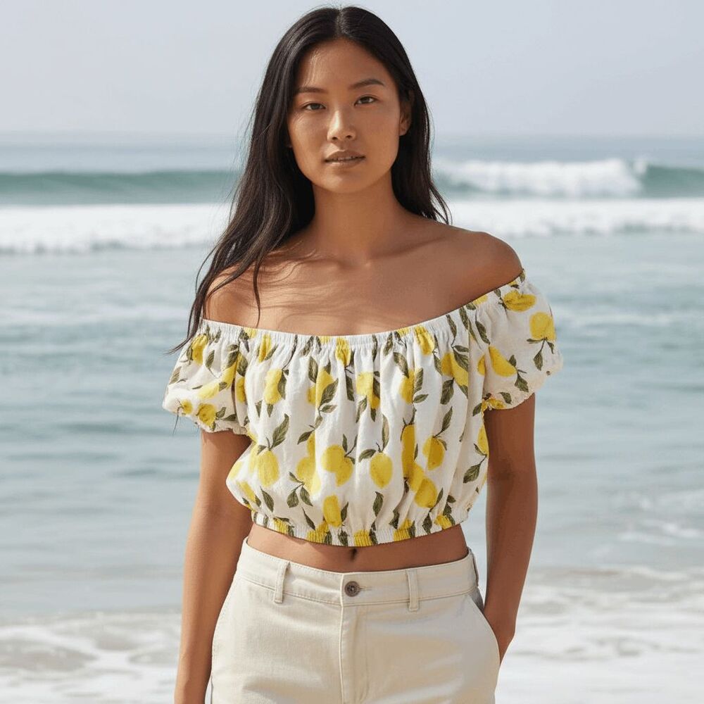 Primark Lemon Print Crop Top Elasticized On or‎ Off Shoulder Gauzy Size Medium